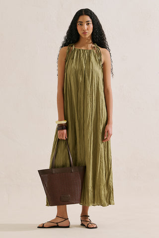 Pleated Linen Dress Green