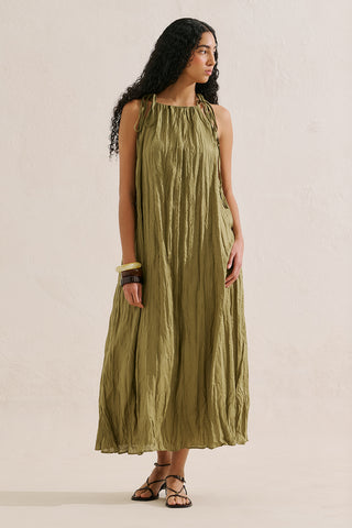 Pleated Linen Dress Green