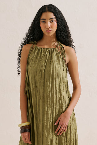 Pleated Linen Dress Green