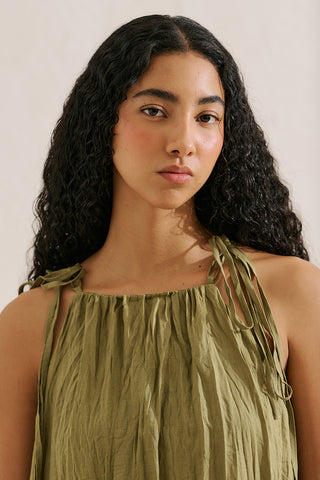 Pleated Linen Dress Green