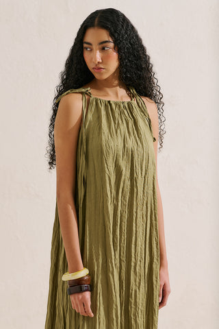 Pleated Linen Dress Green