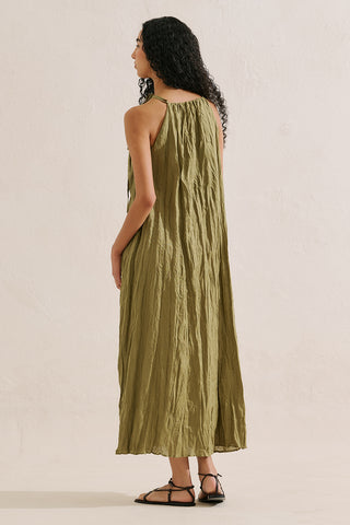Pleated Linen Dress Green