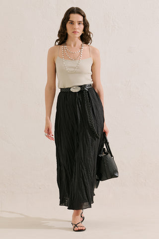 Linen Blend Crinkled Skirt Black