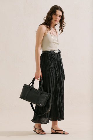 Linen Blend Crinkled Skirt Black