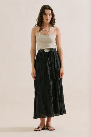 Linen Blend Crinkled Skirt Black