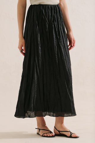 Linen Blend Crinkled Skirt Black