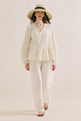 Jacquard Muslin Wrap Blouse Ecru