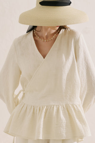 Jacquard Muslin Wrap Blouse Ecru