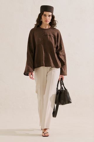 Linen Wide Sleeve Blouse Dark Brown