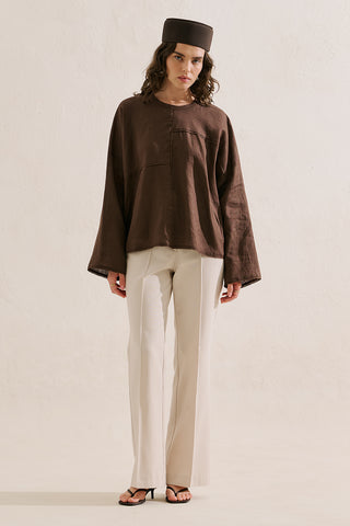 Linen Wide Sleeve Blouse Dark Brown