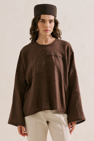 Linen Wide Sleeve Blouse Dark Brown