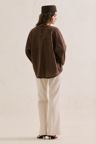 Linen Wide Sleeve Blouse Dark Brown