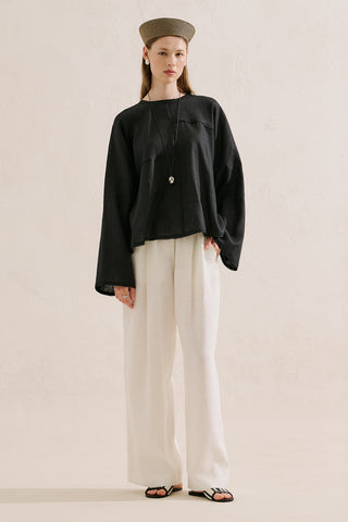 Linen Wide Sleeve Blouse Black