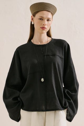 Linen Wide Sleeve Blouse Black