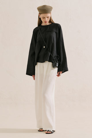 Linen Wide Sleeve Blouse Black
