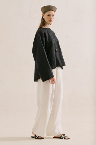 Linen Wide Sleeve Blouse Black