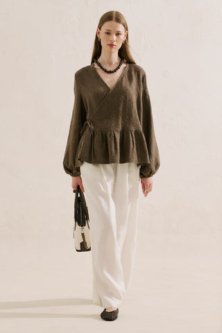 Jacquard Muslin Wrap Blouse Brown