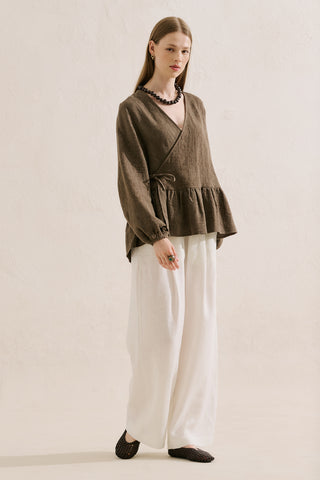Jacquard Muslin Wrap Blouse Brown