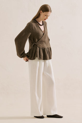 Jacquard Muslin Wrap Blouse Brown