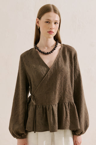 Jacquard Muslin Wrap Blouse Brown
