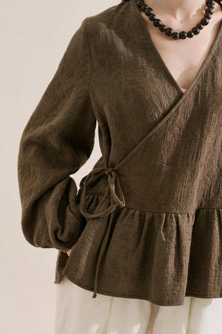 Jacquard Muslin Wrap Blouse Brown