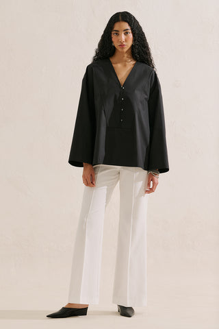 Poplin Wide Sleeve V Neck Shirt Black