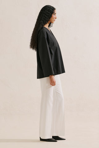 Poplin Wide Sleeve V Neck Shirt Black