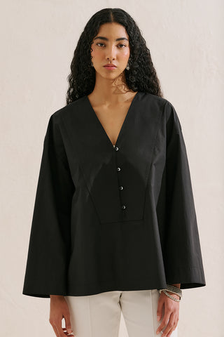 Poplin Wide Sleeve V Neck Shirt Black
