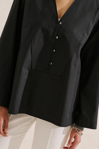 Poplin Wide Sleeve V Neck Shirt Black