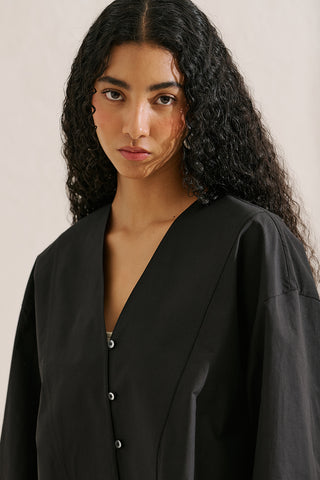 Poplin Wide Sleeve V Neck Shirt Black