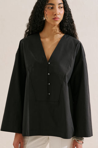Poplin Wide Sleeve V Neck Shirt Black