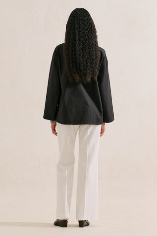 Poplin Wide Sleeve V Neck Shirt Black