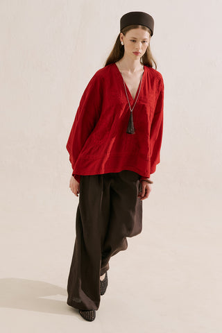 Premium Embroidered Cape Blouse Red