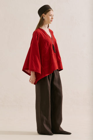 Premium Embroidered Cape Blouse Red
