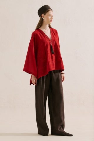 Premium Embroidered Cape Blouse Red