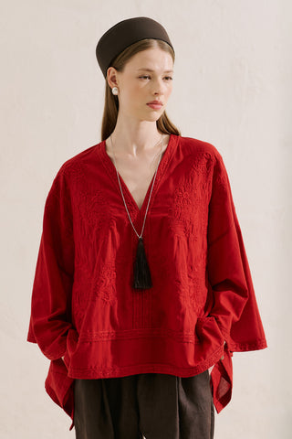 Premium Embroidered Cape Blouse Red