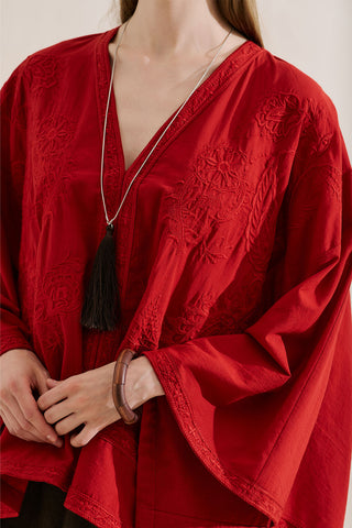 Premium Embroidered Cape Blouse Red