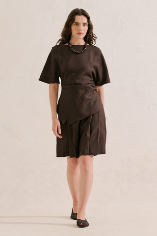 Linen Asymmetric Blouse Dark Brown