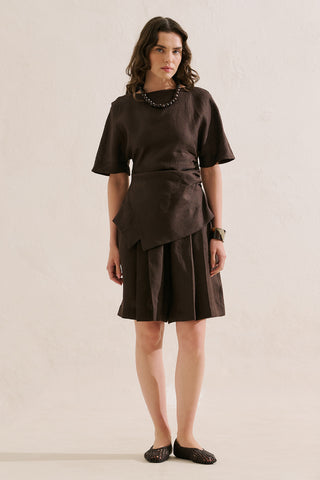 Linen Asymmetric Blouse Dark Brown