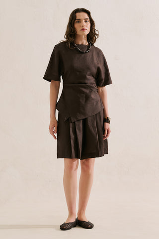 Linen Asymmetric Blouse Dark Brown