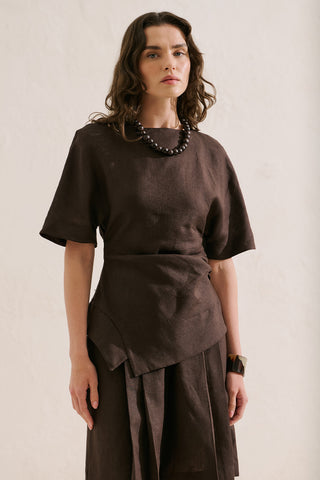 Linen Asymmetric Blouse Dark Brown