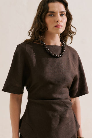 Linen Asymmetric Blouse Dark Brown