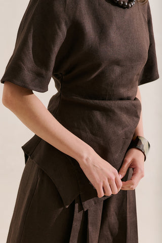 Linen Asymmetric Blouse Dark Brown