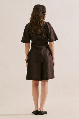Linen Asymmetric Blouse Dark Brown