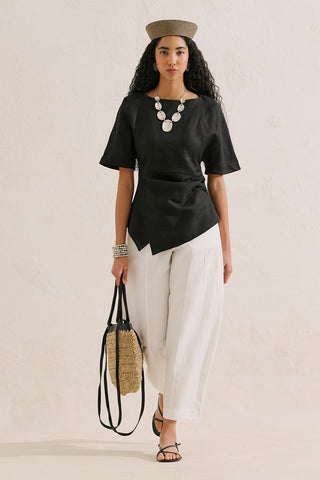 Linen Asymmetric Blouse Black
