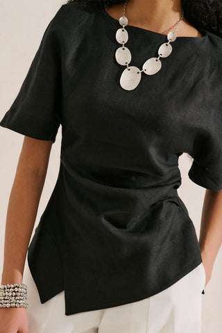 Linen Asymmetric Blouse Black