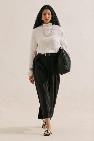Linen Blend Crinkled Cropped Blouse Ecru