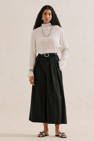Linen Blend Crinkled Cropped Blouse Ecru