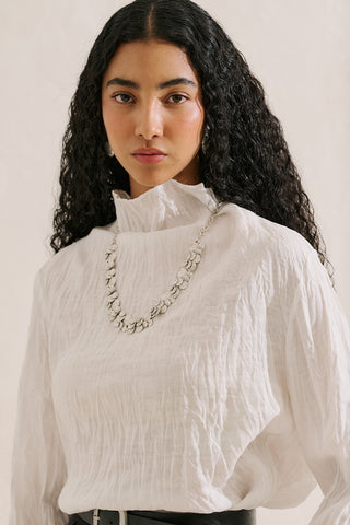 Linen Blend Crinkled Cropped Blouse Ecru