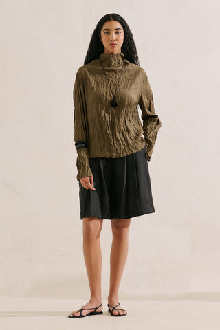 Linen Blend Crinkled Cropped Blouse Khaki